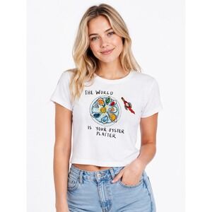 The World Is Your Oyster Platter Graphic Baby Tee White Y2K Crop Top XL Stretch